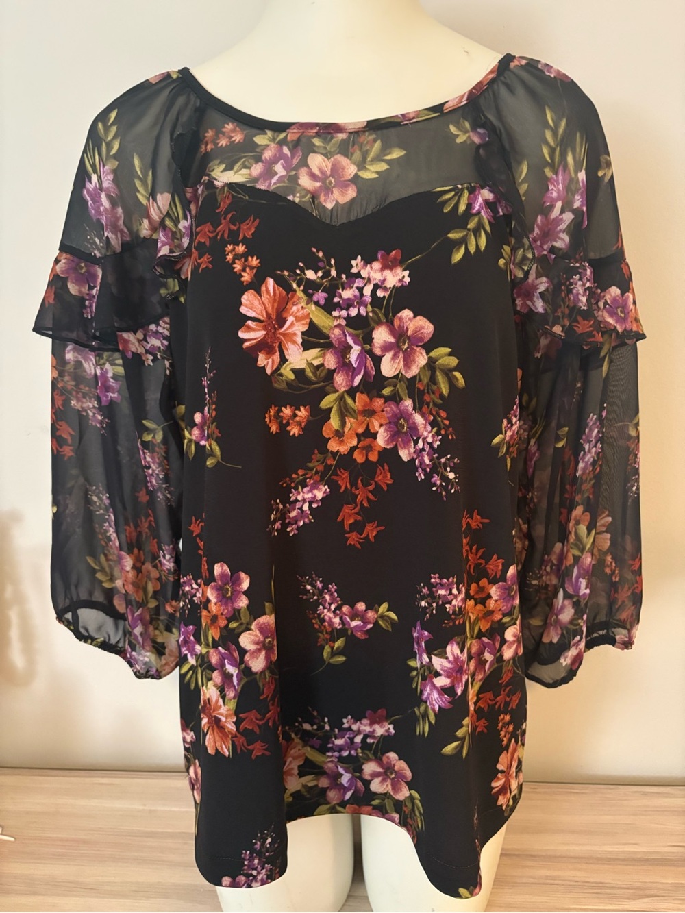 Floral Print Black Sheer-Sleeve Blouse